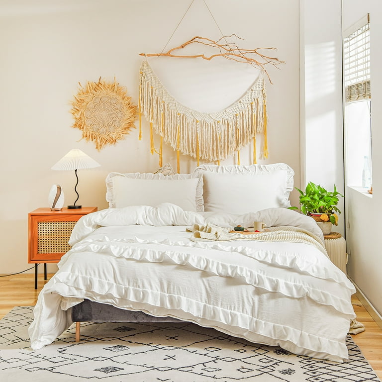 White Vintage Ruffle Bedding Set Farmhouse Bedding Set Soft Microfiber Boho Chic Duvet Cover