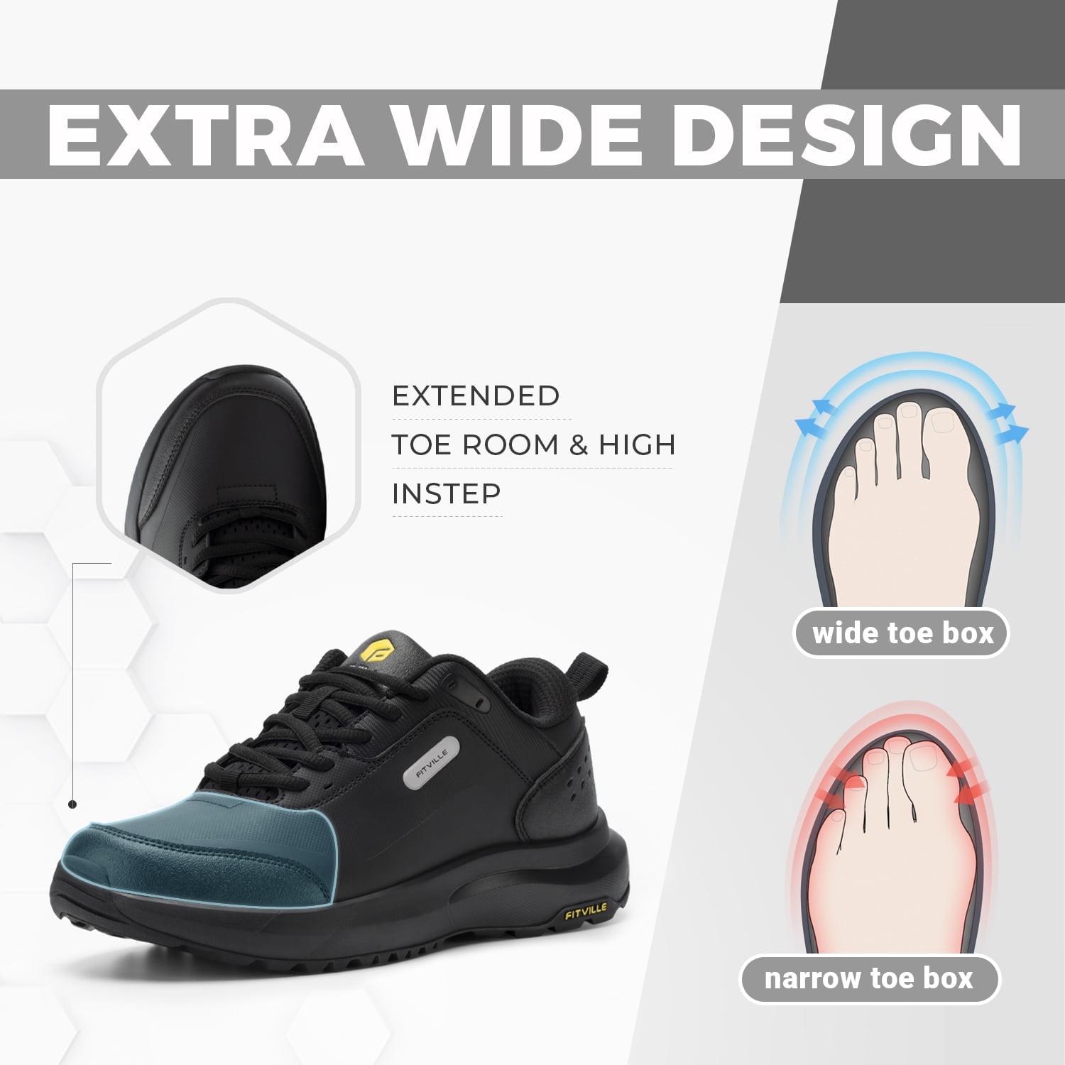 FitVille Mens Extra Wide Hiking Shoes Outdoor Low-top Waterproof Walking Shoes with Arch Support, Black, 10.5 x-Wide