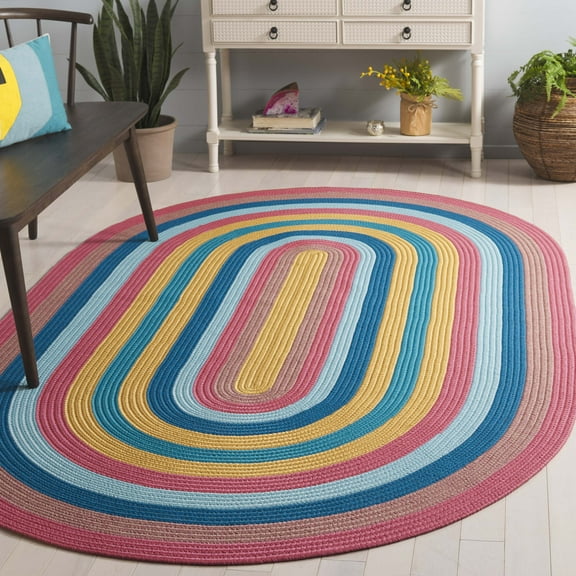 SAFAVIEH Braided Siofra Striped Reversible Area Rug, Pink/Blue, 5' x 8' Oval