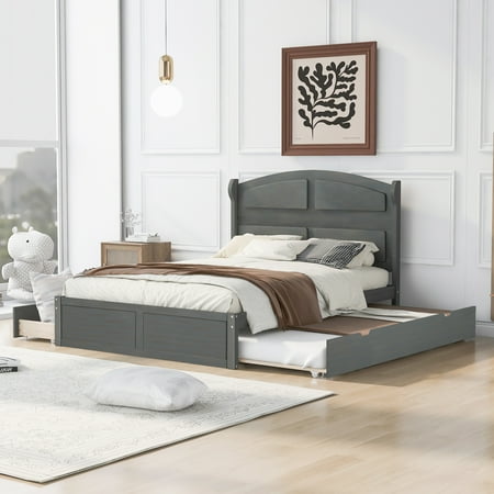 Nestfair Gray Queen Size Wood Platform Bed with Trundle and Drawers