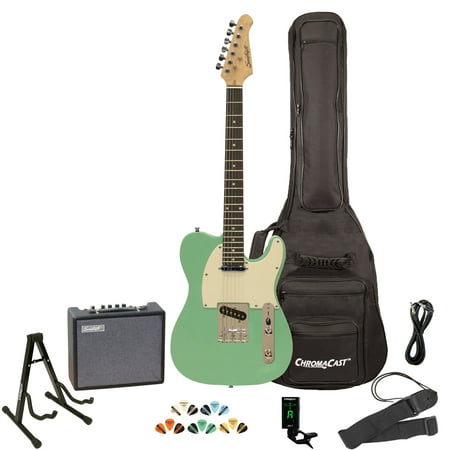 Sawtooth ET Series Surf Green with Aged White Pickguard Electric Guitar Kit with Sawtooth 10 Watt Amp and ChromaCast Stand, Picks, Tuner, Strap, Cable & Gig Bag Soft