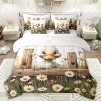 Manfei Kawaii Farm Duck Child Bedding Comforter Set 7pcs, Rustic Farmhouse Animal King Bedding Sets, Western Groovy Floral Reversible Bed Sheets, Breathable Home Decor