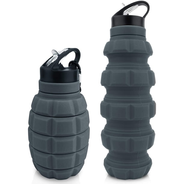 Botella de agua plegable de viaje de 18 oz, botellas de agua plegables de silicona reutilizables sin BPA para gimnasio, camping, senderismo, botella de agua deportiva portátil a prueba de fugas con mosquetón (gris oscuro) Sincero Electrónica
