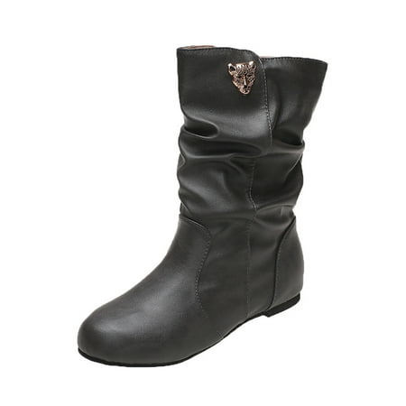

Difumos Ladies Casual Round Toe Flat Boot Comfort Stretchy Winter Shoes Outdoor Non Slip Slouchy Mid Calf Boots Black 8.5