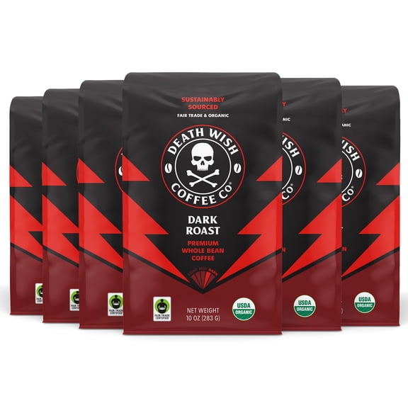 (6 pack) Death Wish Coffee, Dark Roast, Whole Bean, Fair Trade, Organic, Bag, 10oz
