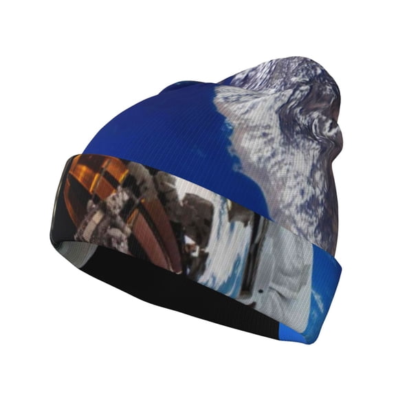 Picia Astronaut in Outer Space Pattern Knitted Beanie Hat for Men and Women , Unisex Winter Warm Stretchy Knit Cap Thick Fisherman Beanies Cuffed Plain Skull Caps