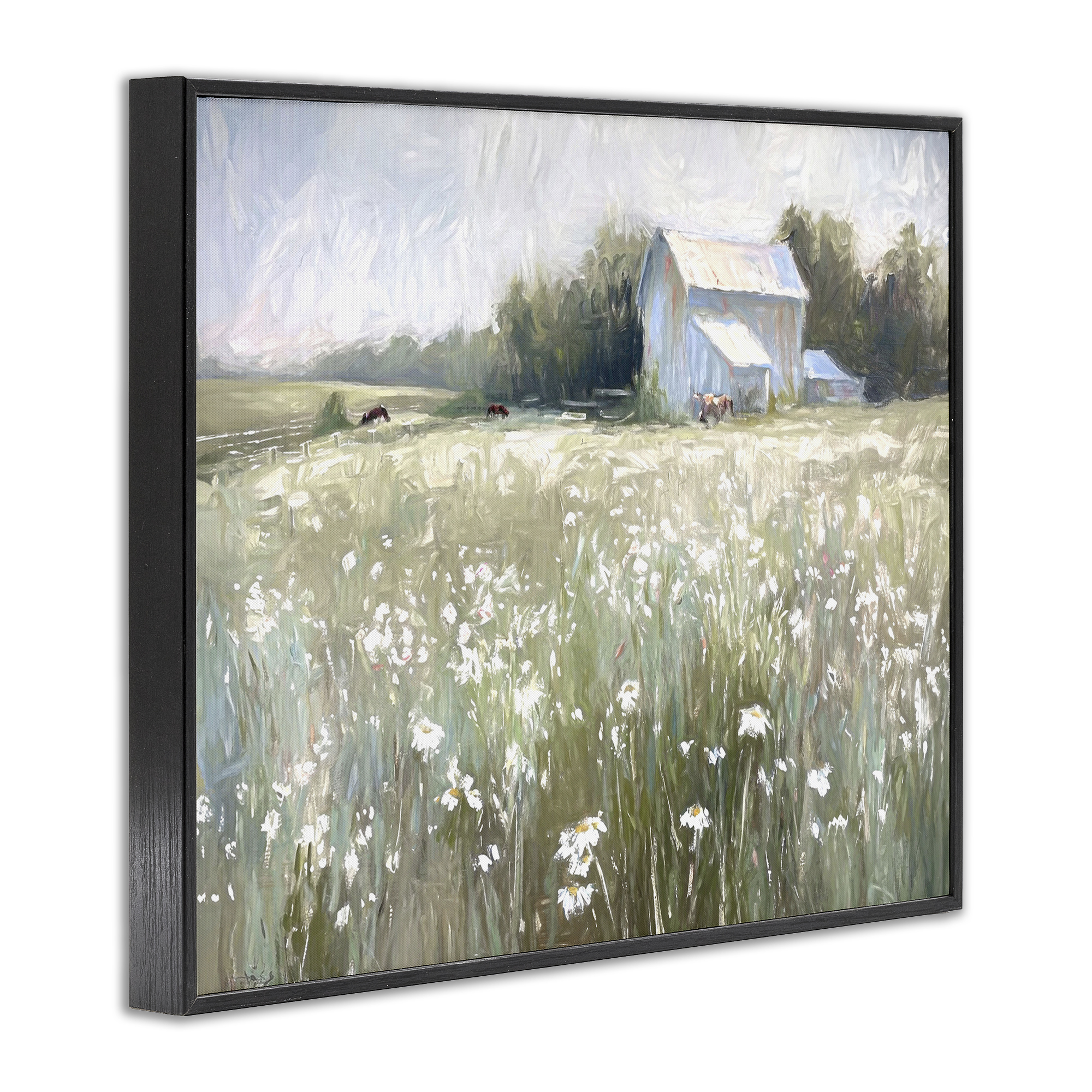 Stupell Industries Peaceful Pasture Meadow Landscape Painting Black Framed Art Print Wall Art, 14 x 11