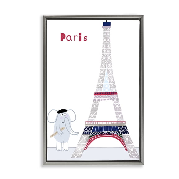Elephant & Eiffel Tower Gray Framed Floater Canvas Wall Art, design by Carla Daly