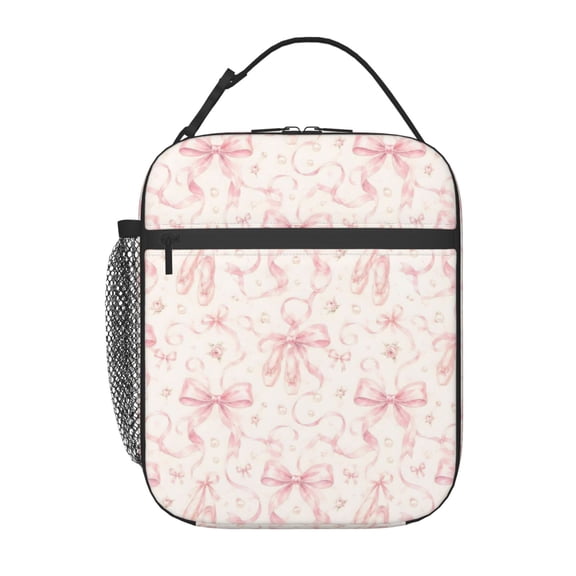 Pink Bow Lunch Bag Reusable Thermal Lunch Box with Handle for Women and Men