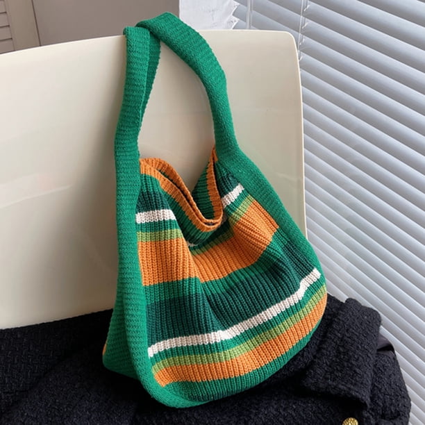 Bolso de hombro a rayas de ganchillo para mujer, bolso de mano bonito, bolso diario de verano (verde)