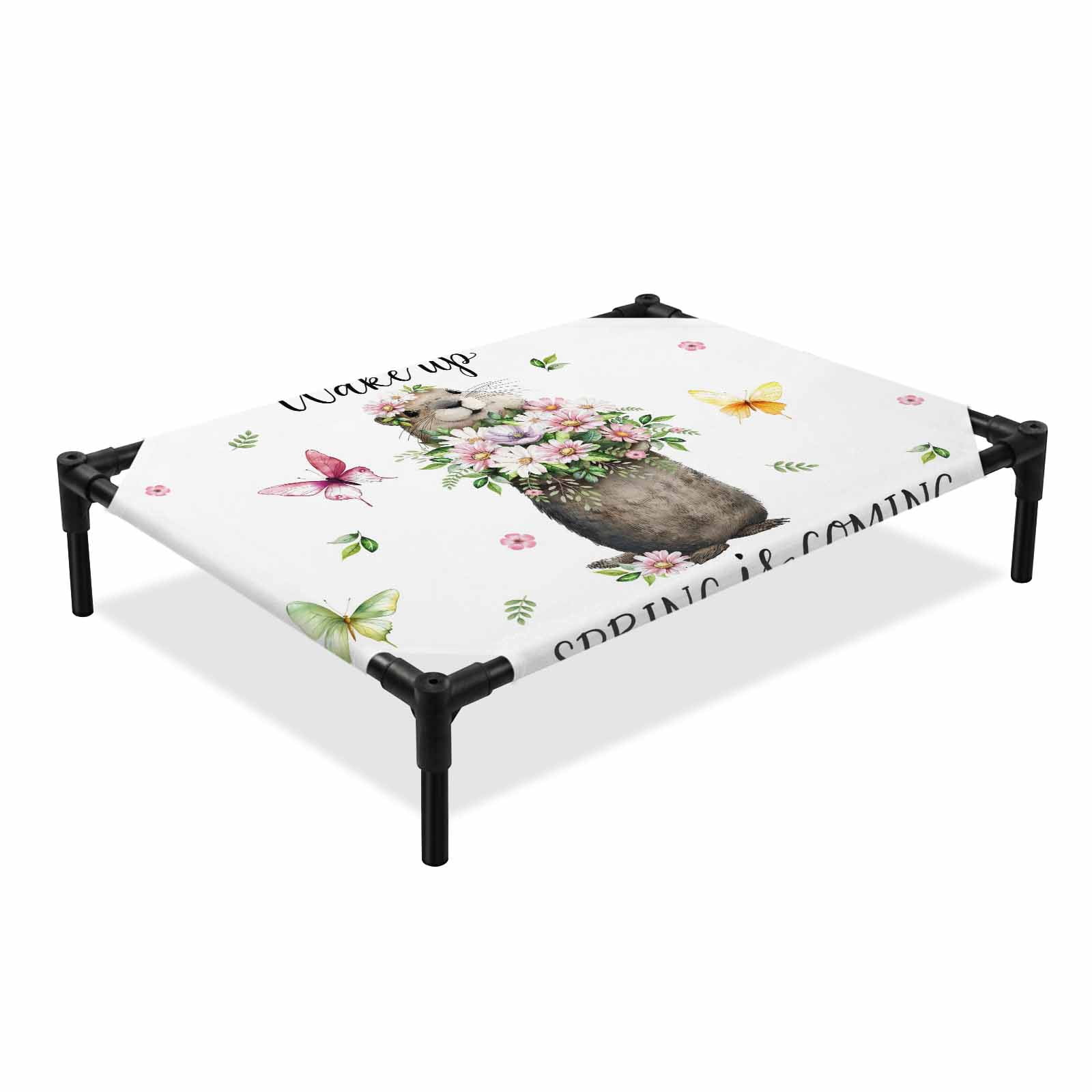Groundhog Elevated Dog Bed Watercolor Spring Pink Purple White Floral Leaf Butterfly Cooling Breathable Outdoor Raised Dog Cot Bed with Metal Frame Non-Slip Feet for Large Dog 28x22in