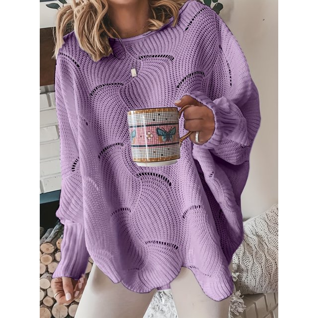 Fashionable Women Solid Cutout Knit Sweater - Irregular Hem Long Sleeve Pullover