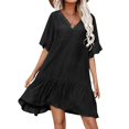thumbnail image 1 of Vestido con cuello en V para mujer, manga corta, dobladillo con volantes, ajuste holgado, para verano, playa, Bikini, 1 of 2