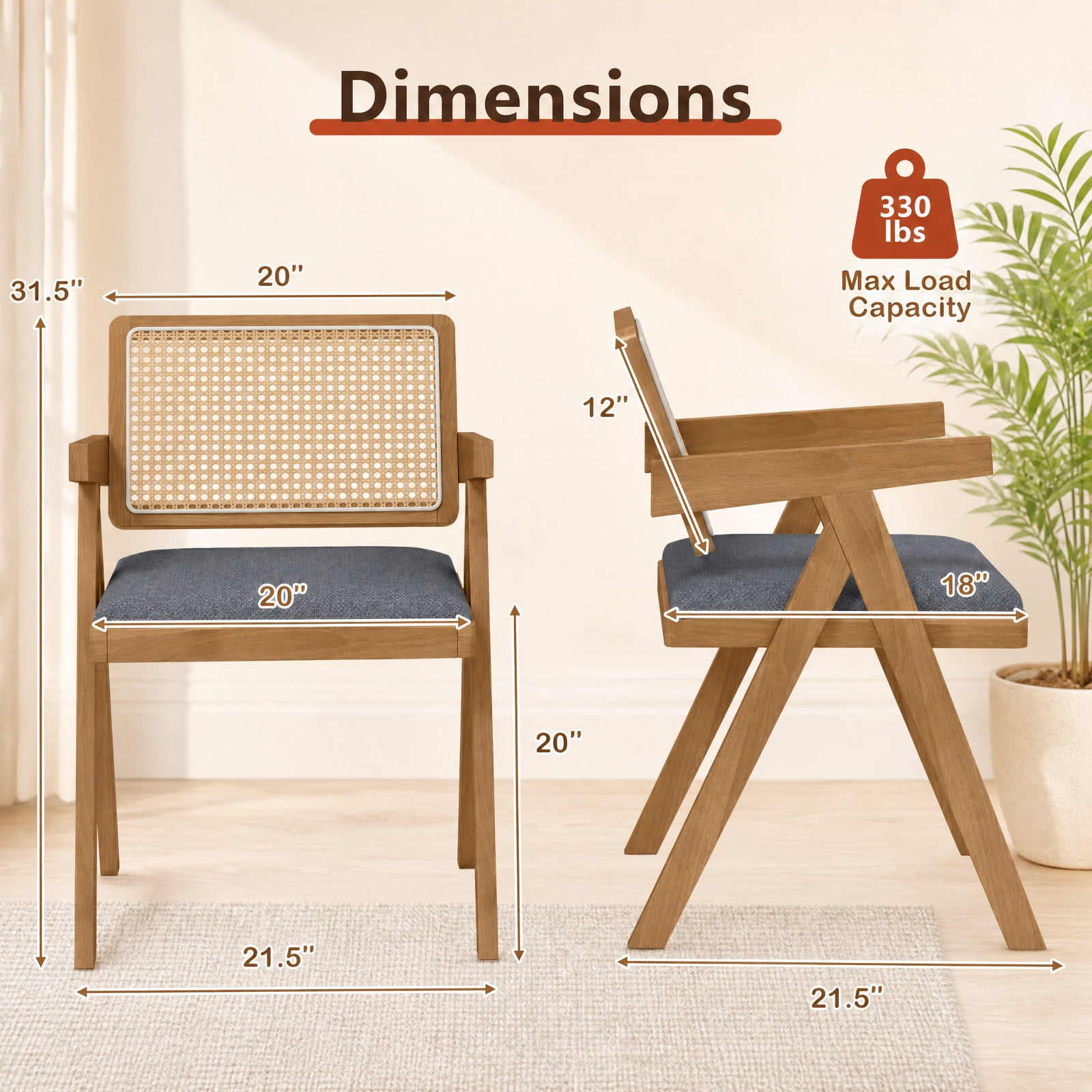 Furnibear Set of 2 Rattan Accent Chairs with Padded Cushion and Rubber Wood Frame for Dining Room Kitchen and Living Room, Gray