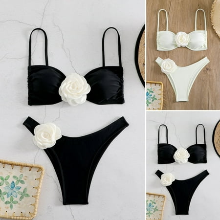 Joernso 2Pcs/Set Women Sexy Bikini Set 3D Flower Sling Tube Top Bandeau Bra High Waist Briefs Set Quick Drying Swimsuit Bathing Suit
