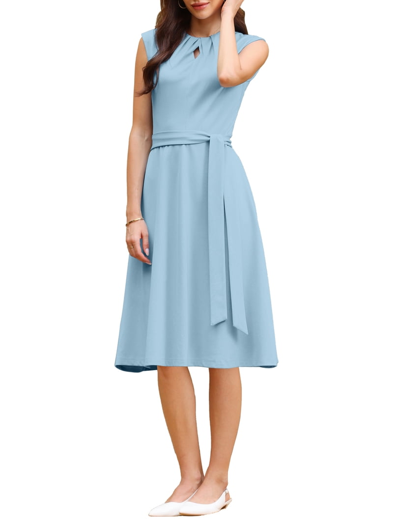 navy blue dress for baby girl Inspire Chic Women's A-Line Sleeveless Dress Pleated Neck Tie Waist Summer Work Flare Dresses L Light Blue, Size: Large