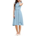thumbnail image 4 of INSPIRE CHIC Women's A-Line Sleeveless Dress Pleated Neck Tie Waist Summer Work Flare Dresses L Light Blue, 4 of 5