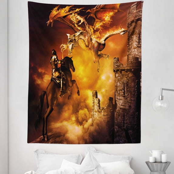 Marigol Black Tapestry, with a Knight on a Horse Castle Mystic Art Print, Fabric Wall Hanging Decor for Bedroom Living Room Dorm, 5 Sizes, Black and Marigold, by Ambesonne