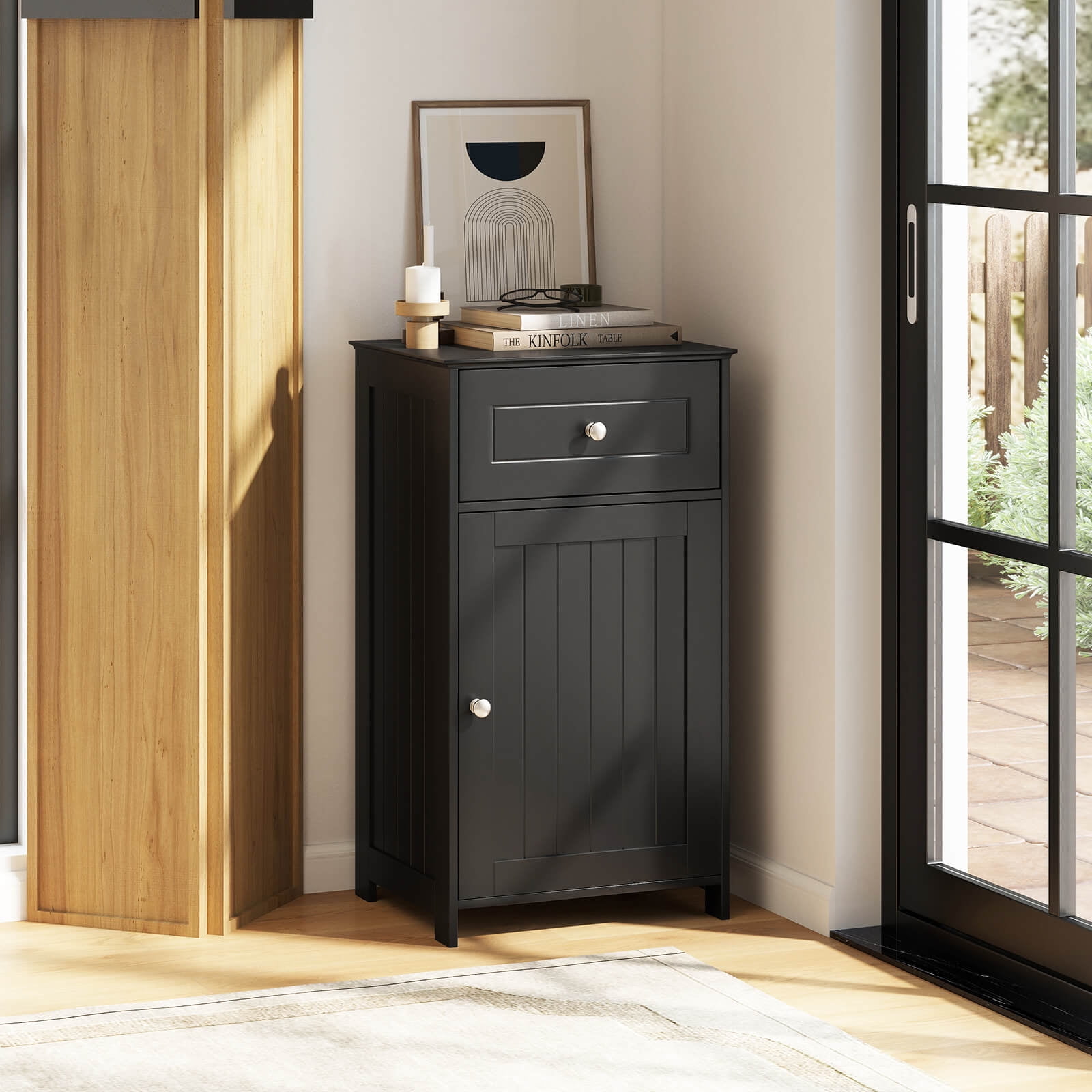 Costway White Floor Storage Cabinet Bathroom Organizer Cupboard Drawer Shelf Bath Towel Black