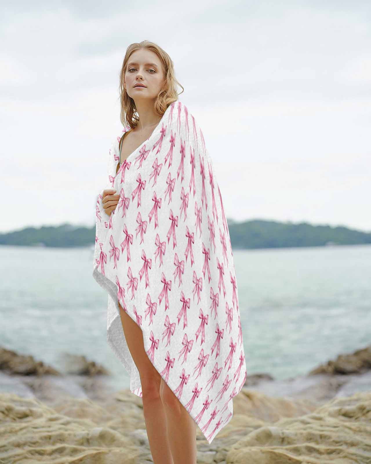 Cute Pink Bow Beach Towels Oversized Super Absorbent, White Sweet Modern Watercolor Lightweight Bath Towel Quick Dry Sets For Bathroom/Pool/Rv Camping/Beach Play/Gym Room/Picnic 23"x47"