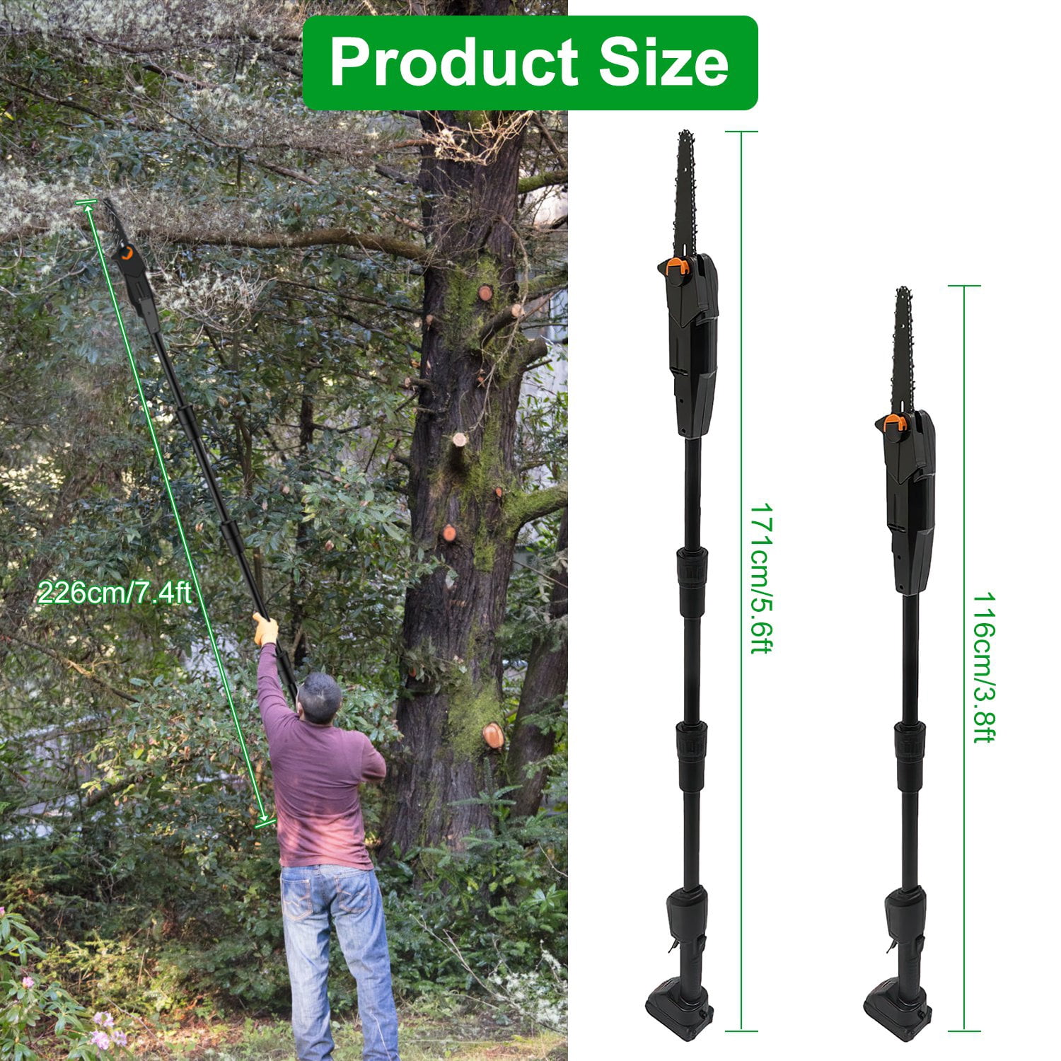 Cordless Pole Saw, 7.4ft Adjustable Length Chainsaw with 775W Motor (35ft/s Chain Speed), 2x 3000mAh Batteries & Safety Protection, 4-Section Extension Pole for Tree Trimming, Branch Cutting