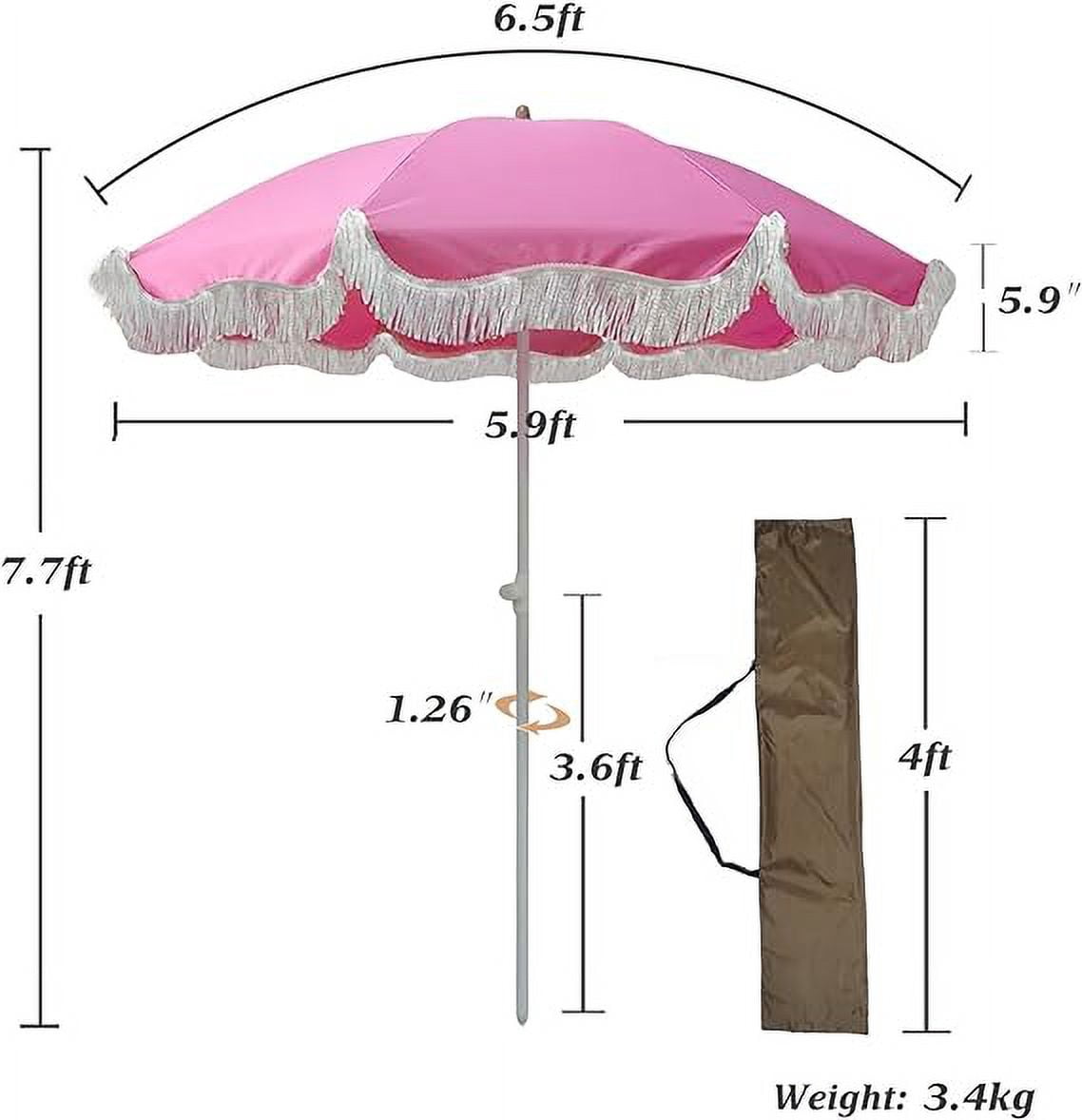 Boho Beach Umbrella with Fringe Pink Patio Umbrella 6.5ft Portable Outdoor Umbrella for Table Tilt Pool Umbrella Rainproof Holiday Umbrellas Patio Parasol with Carry Bag UV Protection