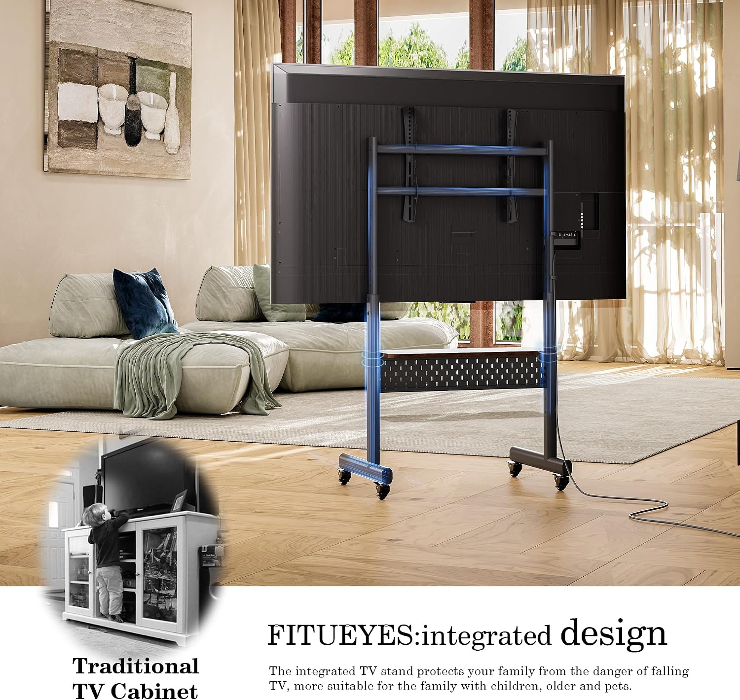 FITUEYES Rolling Movable Base for 40–85 Inch TVs, Black, Height Adjustable