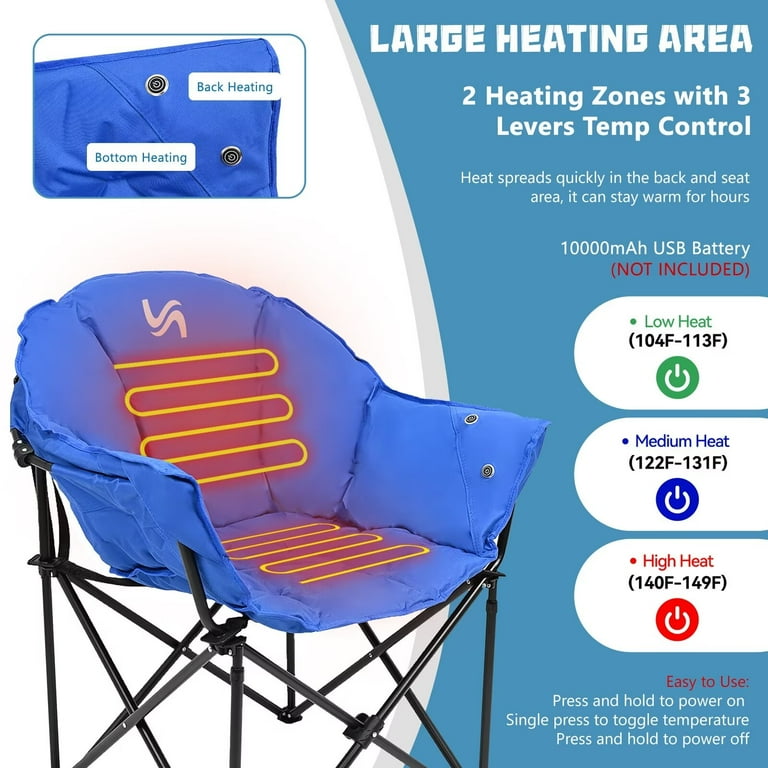 MOPHOTO Blue Heated Camping Chair Oversized Outdoor Portable Heated Folding Chairs Heated Foldable Chair Seat Supports 500 lbs Heating Chair for