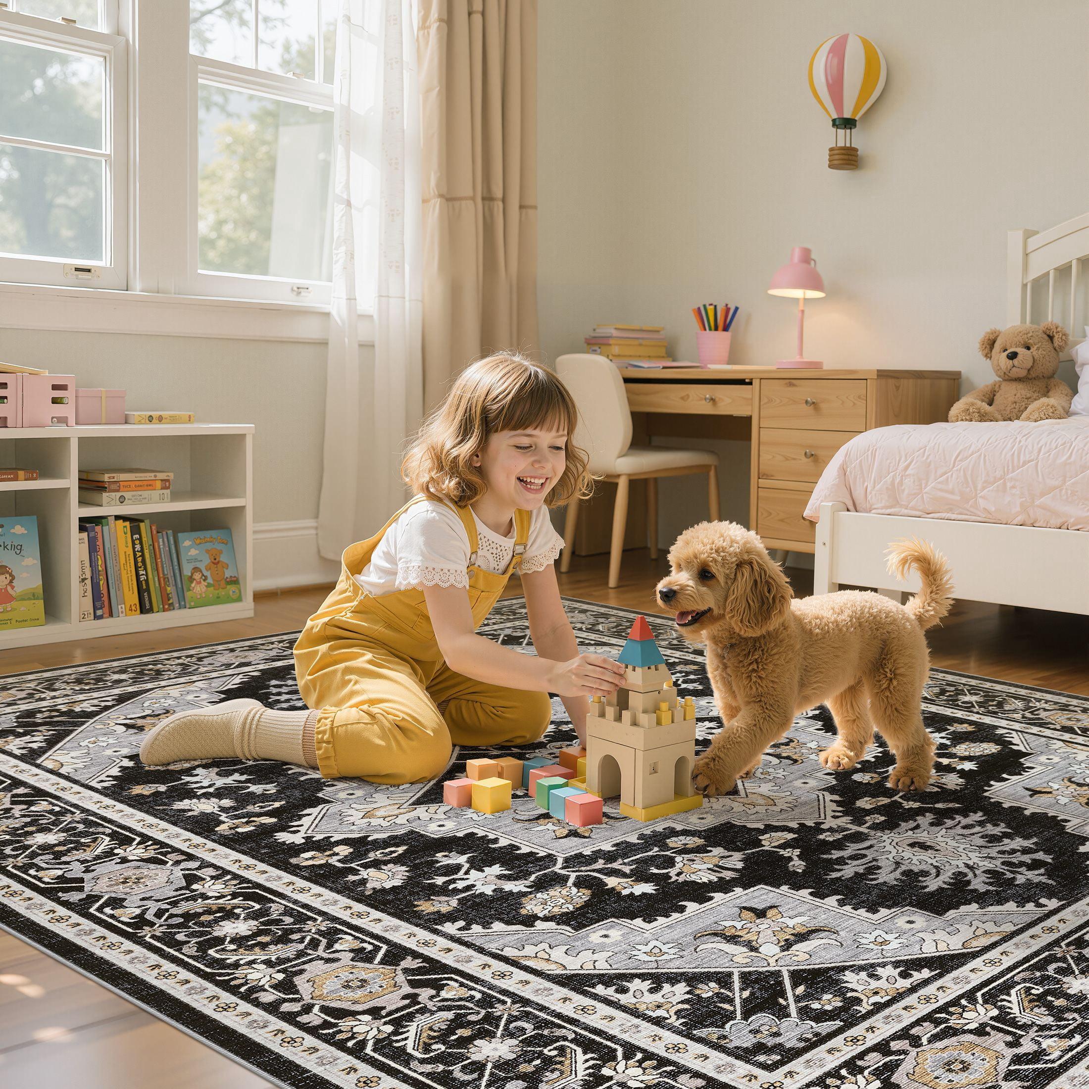 UERMEI 10'x14' Washable Large Area Rugs for Living Room, Vacuum friendly, Vintage Floral Boho Printed Carpet, Non Slip Indoor Rugs for Bedroom Home Decor Carpets, Black/Gray