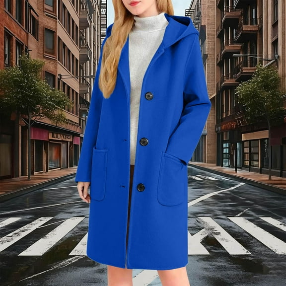 Women's Casual Woolen Pea Coat Long Sleeve Elegant Hooded Overcoat Fall Winter Warm Jacket with Pocket New Lightweight Jackets Womens Plus Size Blue L