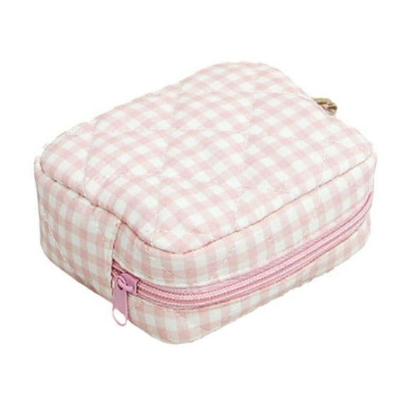Stylish Travel Makeup Bag Set Quilted Organizer for Cosmetics and Accessories Pouch for Women and Girls with Ruffle Plaid Gingham Design