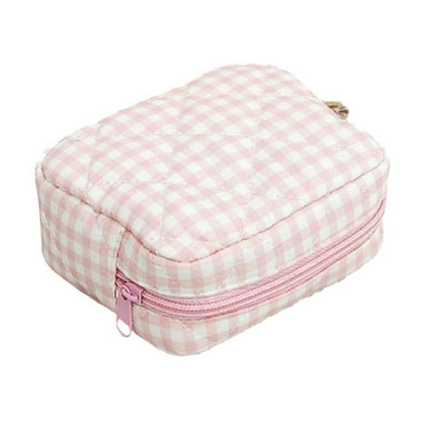 Set de neceser de viaje, bolsa cosmética acolchada con organizador para mujeres y niñas, mini almacenamiento con estampado de cuadros vichy y volantes