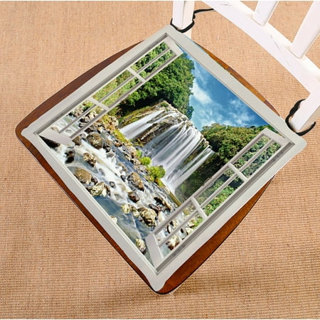 Bow Window Seat Cushions PHFZK Scenery Chair Pad, Open Window Panoramic View to Famous Huge Waterfall Seat Cushion Chair Cushion Floor Cushion Two Sides Size 16x16 inches ()