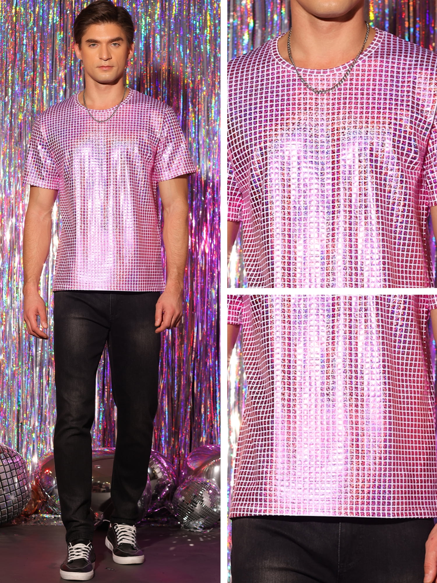 DARING DIVA Men's Metallic Round Neck Short Sleeves Sparkle Glitter T-Shirt S Pink