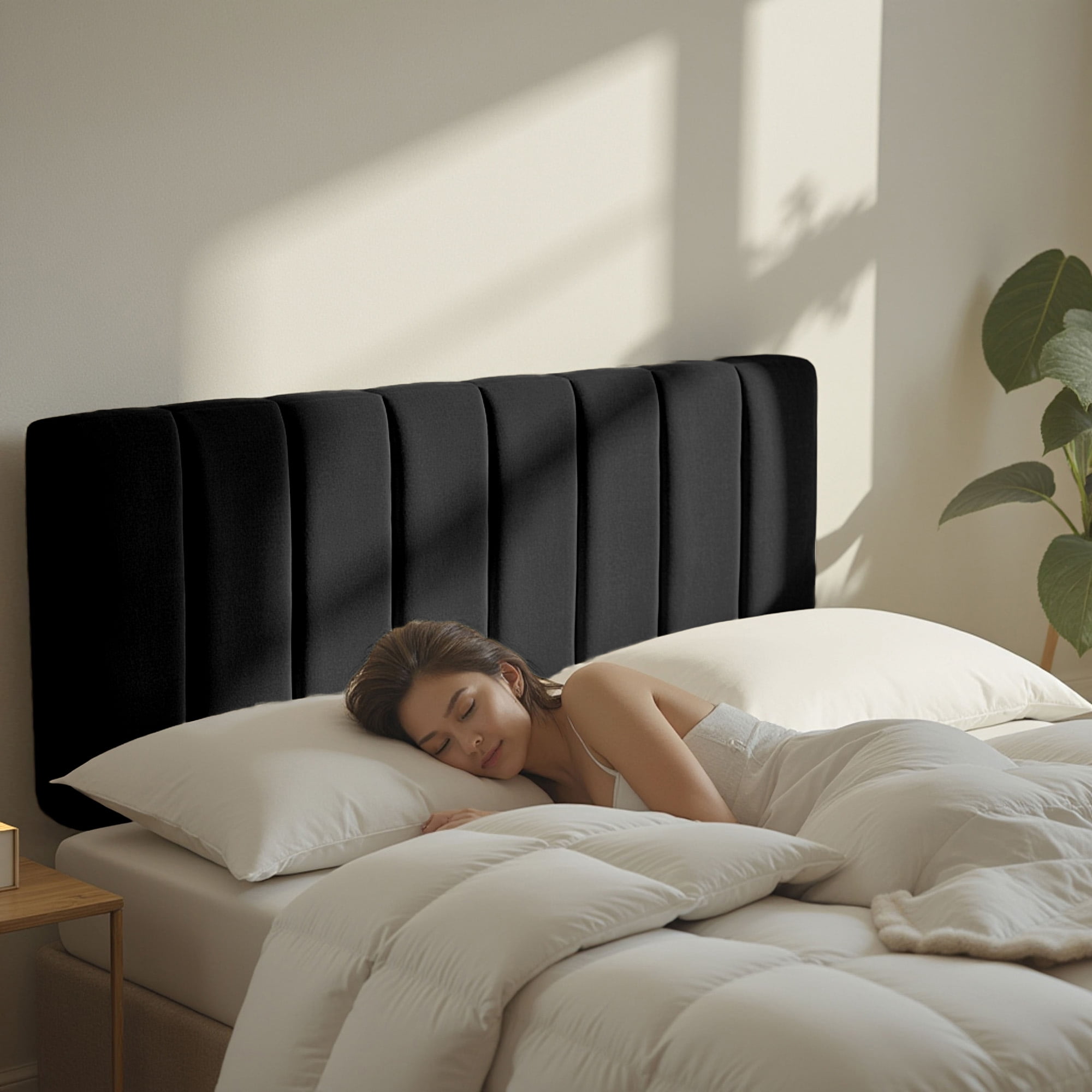 Virtu Upholstered King Headboard No Tools Required Peel and Stick Bed Headboard Only, Black