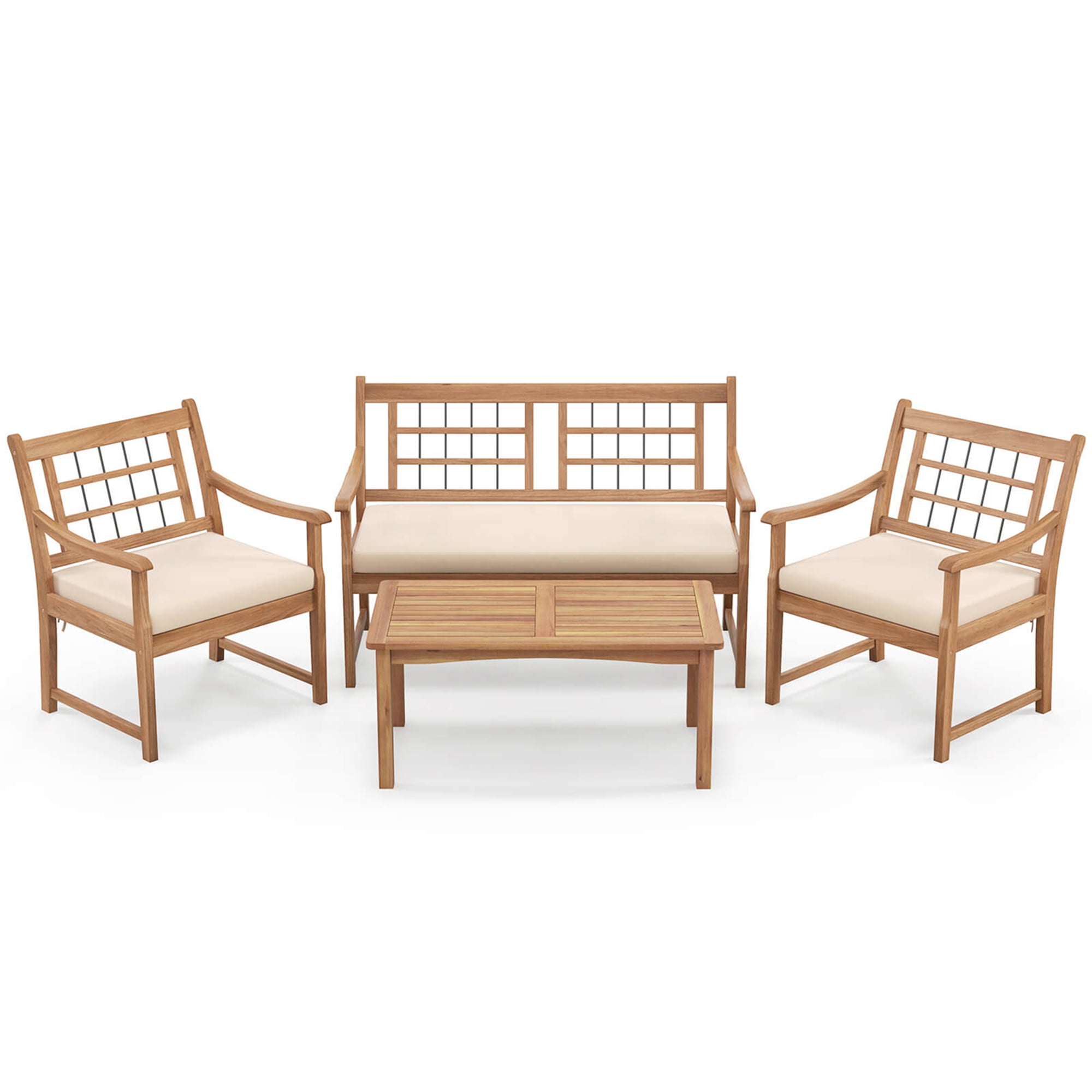 Costway 4 PCS Wood Patio Furniture Set with Soft Seat Cushions Solid Acacia Wood Frame Off White