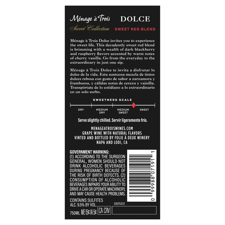 Menage a Trois Sweet Collection Dolce Sweet California Red Wine, 750 ml  Glass Bottle, 9.5% ABV - Walmart.com