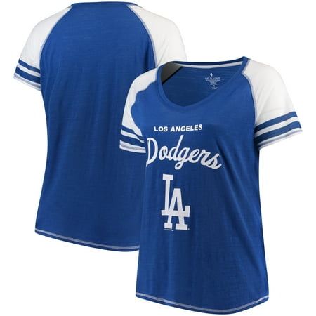 Los Angeles Dodgers Soft as a Grape Women's Plus Sizes Three Out Color Blocked Raglan Sleeve T-Shirt -