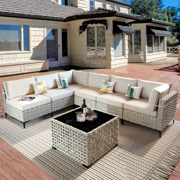 Vcatnet 7 Pieces Patio Outdoor Conversation Set All Weather Wicker Furniture Sectional Sofa Set with Solar Lamp Coffee Table,Beige