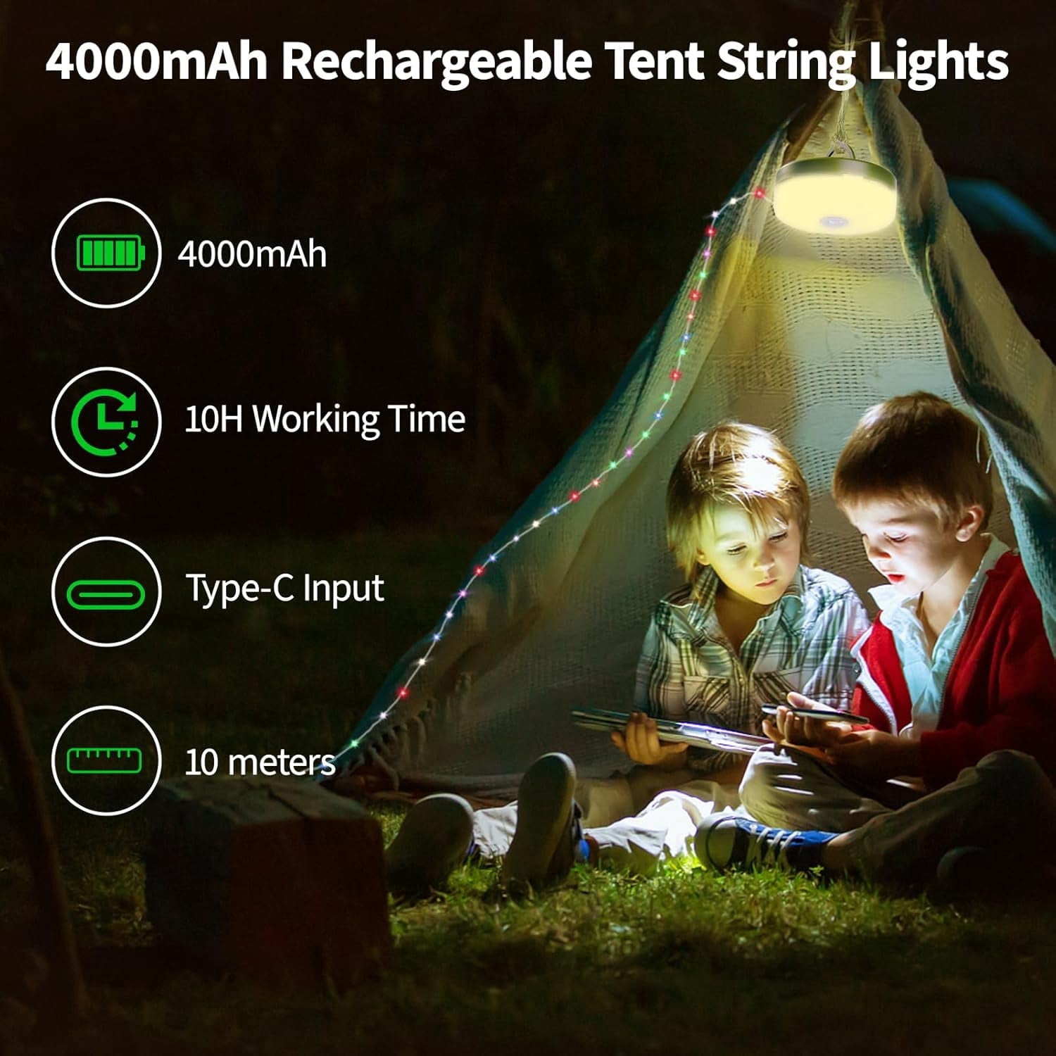 TOHETO 4-in-1 Camping String Light, 32.8FT IP44 Waterproof Camping Lights with 13 Lighting Modes, 4000mAH Rechargeable Outdoor String Lights for Camping Essentials Camping Gear, Black