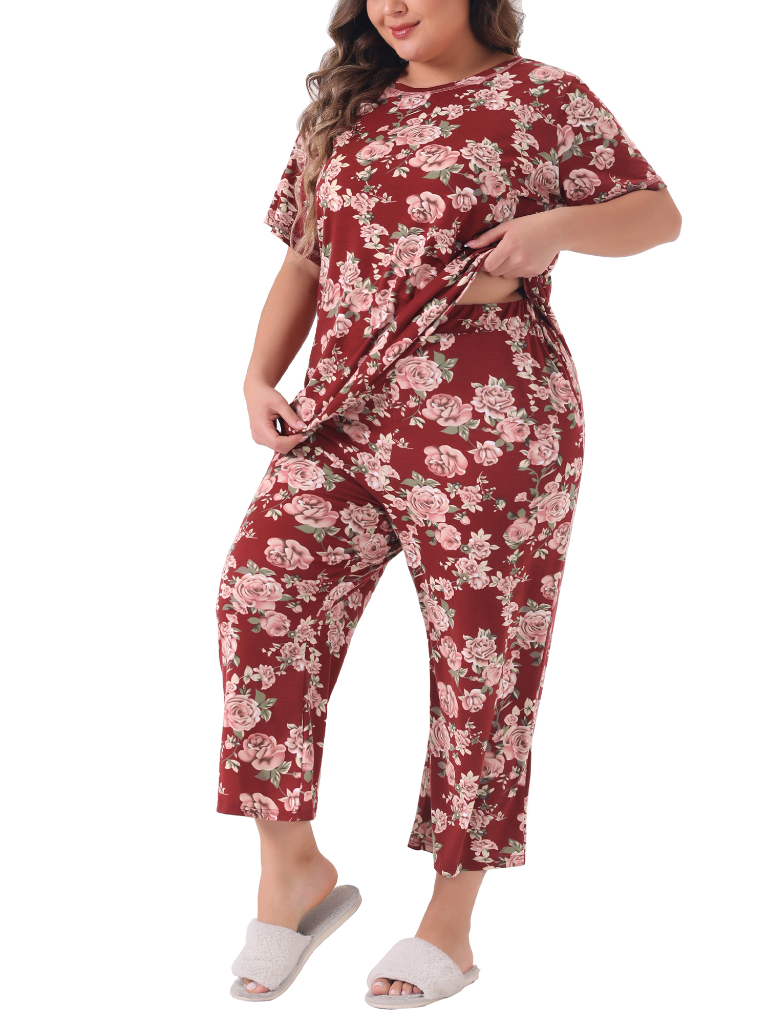 DARING DIVA Women's Plus Size 2-Piece Floral Short Sleeve Pajamas Set 2XL Wine Red