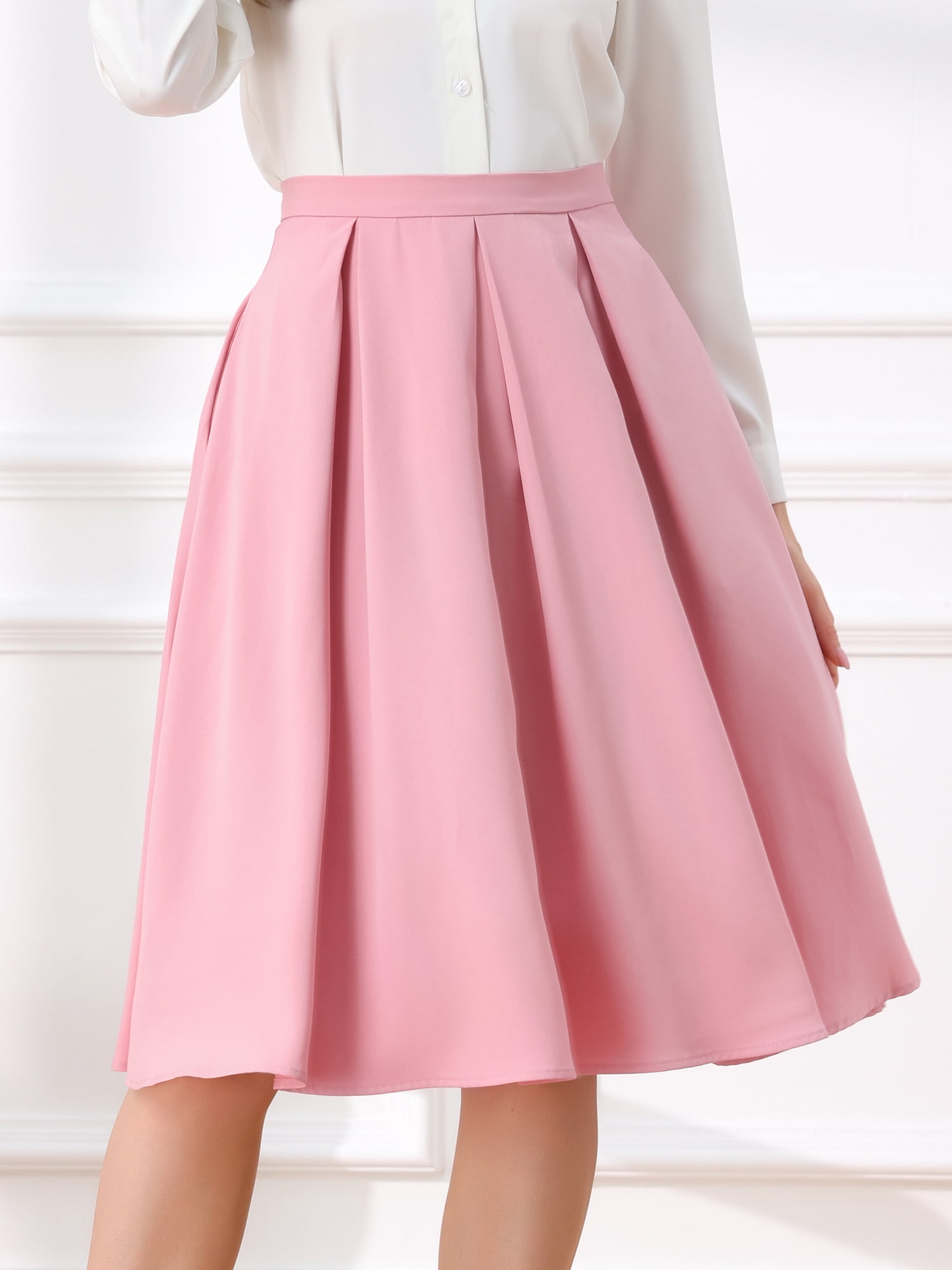 DARING DIVA Women's Flare Pleated Knee Length A-Line Skirt with Pocket XS Pink