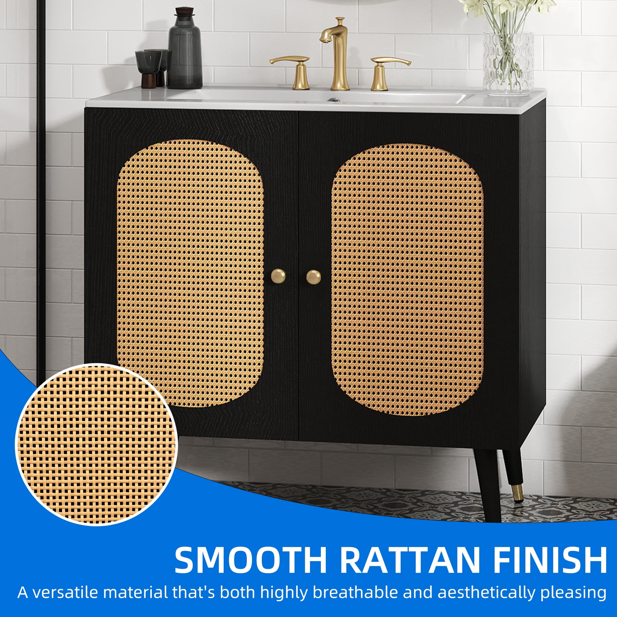Uforic 36 Inch Mid-Century Rattan Bathroom Vanity, Freestanding Wooden Vanity Cabinet with Ceramic Sink for Home Bathroom, Black