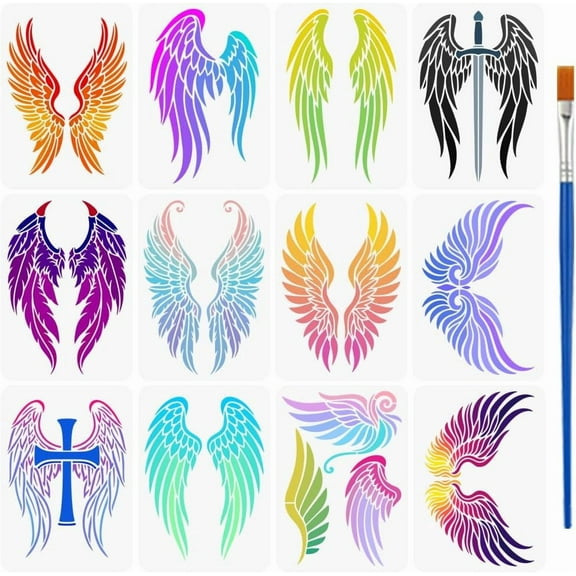 12 Pcs Multiple Wings Painting Stencil with a 16cm Paint Brush 11.7x8.3inch Reusable Plastic Stencil DIY Craft Template