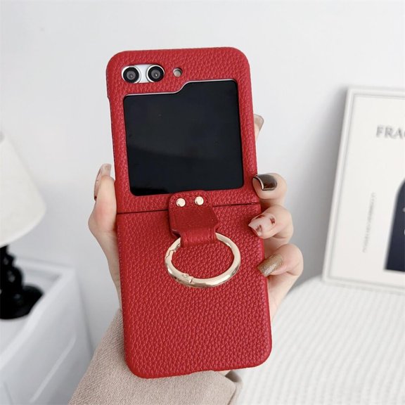 PU Leather Ring Holder Kickstand Case for Samsung Galaxy Z Flip 5 4 3 5G Z Flip3 /Flip4 /Flip5 Matte Retro Luxury Shockproof Vintage Phone Cases Cover (red,for Samsung Z Flip 5)