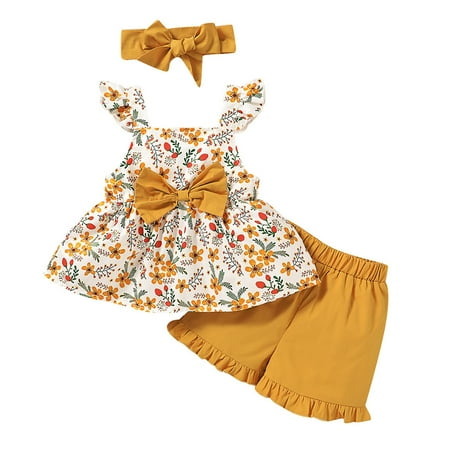 

BIZIZA Baby Girl Outfit Ruffle Sleeveless Bow Tank Top Summer Headwear 3-Piece Floral Shorts for 6M-3Y Child Yellow 110