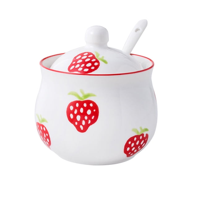 European Style Sugar Bowl With Spoon, Pink Flowers And Green Leaves Pattern Sugar Container, Porcelain Spice Jars-red strawberry-200ml
