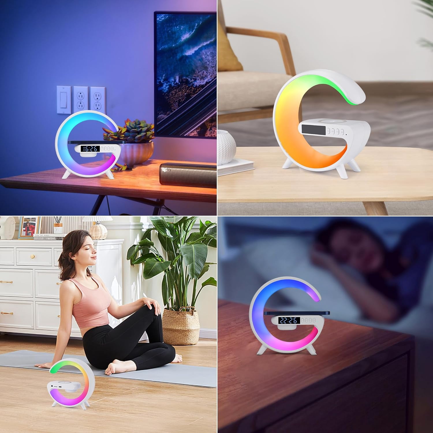Smart LED Table Lamp, 4-in-1 Wireless Charger, Night Light, Alarm Clock, and Bluetooth Speaker with App Control for Bedroom, Office, and Home Decor