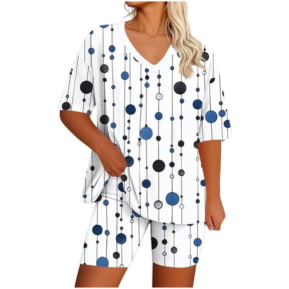 ZToonmas Women's Plus Size V Neck Short Sleeve Vintage Print Top and Elastic High Waist Bike Shorts 2 Piece Casual Loungewear Set