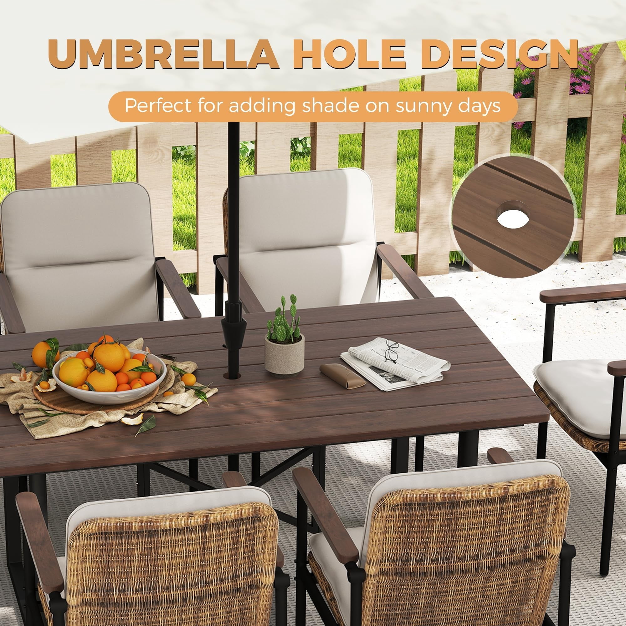 Outdoor Acacia Wood Dining Table for 6, Patio Table with Aluminum Frame & Umbrella Hole, Rectangle Outdoor Dining Table for Backyard Deck Garden